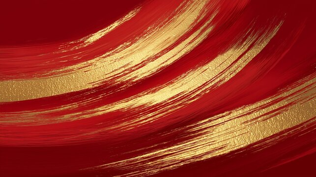 Abstract luxury red background with artistic golden paint brush strokes and texture for Chinese New Year celebration and oriental festive design concept