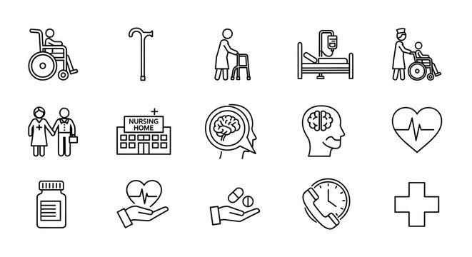 Collection of healthcare and elderly care icons representing medical services and assistance - Powered by Adobe