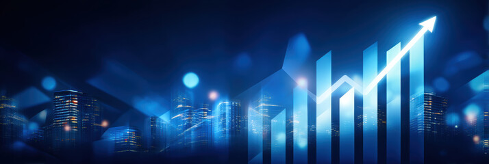 Blue city skyline with glowing financial growth chart and upward arrow, futuristic urban night