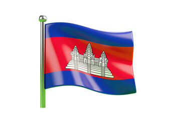 Waving Cambodian Flag with Detailed Temple Illustration
