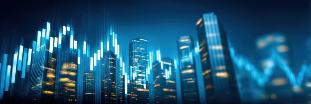 Futuristic city skyline blue night with glowing financial chart overlay - Powered by Adobe