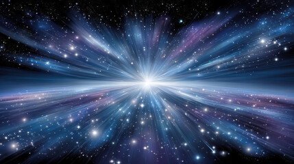 Bright starburst in deep space with streaking nebula light rays and stars