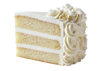Layered cake slice with white frosting swirls detail