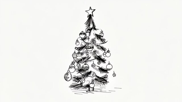 Hand Drawn Christmas Tree with Star and Ornaments, Black and White Illustration for Holiday Cards and Festive Designs, Minimalist Style