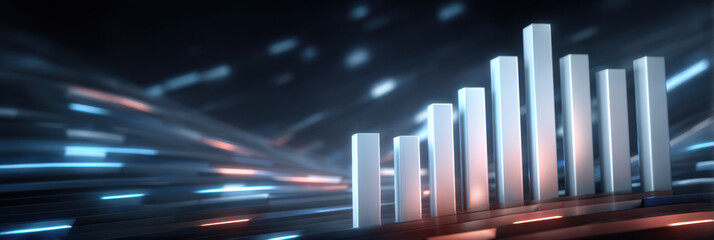 Modern metallic bar chart with motion light streaks creating dynamic futuristic energy