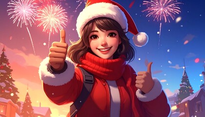 Cheerful person in Santa attire with thumbs-up gestures, fireworks overhead
