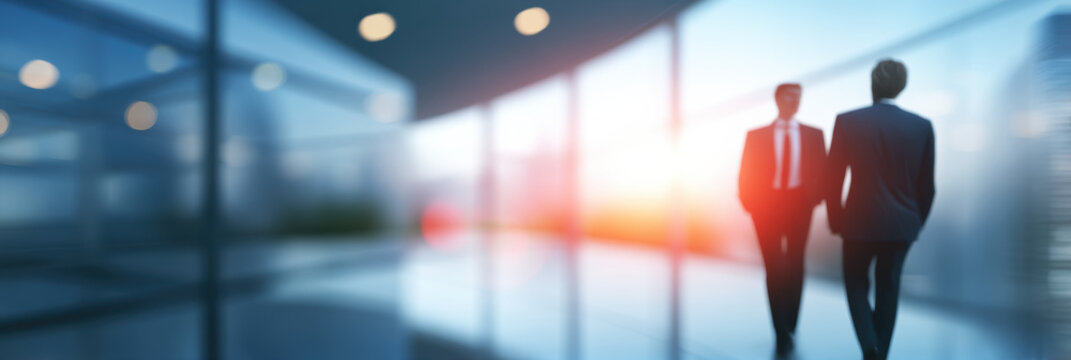 Blurred business people walking in modern office corridor with sunlight glow