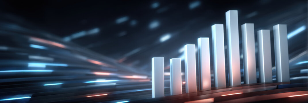 Modern metallic bar chart with motion light streaks creating dynamic futuristic energy