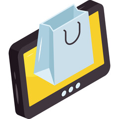 Shopping bag emerging from a digital tablet screen displaying a yellow interface and three circular buttons on a white background representing online shopping and e-commerce on a transparent