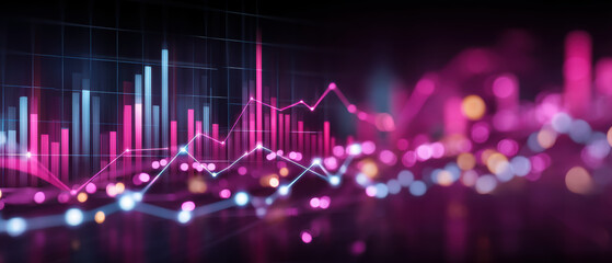 Neon pink and blue financial data visualization with glowing line chart and bokeh lights