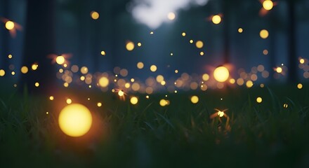 Mystical fireflies illuminating a tranquil forest at dusk casting a magical glow