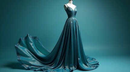 Ultra-detailed studio product photo: Stunning, elegant evening gown made from lustrous, iridescent ocean plastic textile, with professional lighting highlighting its incredible sheen and texture.