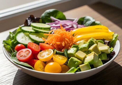 Fresh and healthy vegetable salad in a white bowl with tomatoes, cucumber, avocado, and peppers - Powered by Adobe