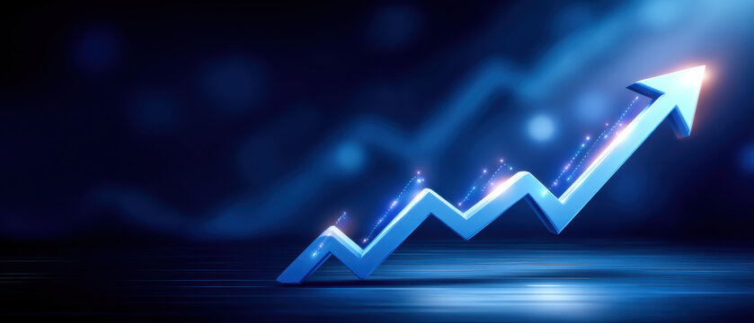 Blue arrow rising in digital graph showing growth and success with glowing effects