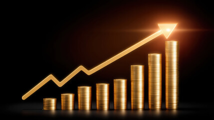 Fototapeta premium Gold coin stacks with ascending arrow showing financial growth and success