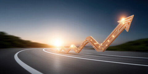 Golden upward arrow growth chart on curved road at sunrise inspiring success