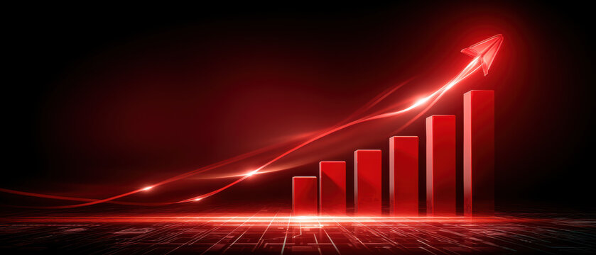 Red rising bar chart with glowing arrow showing growth and dynamic energy - Powered by Adobe