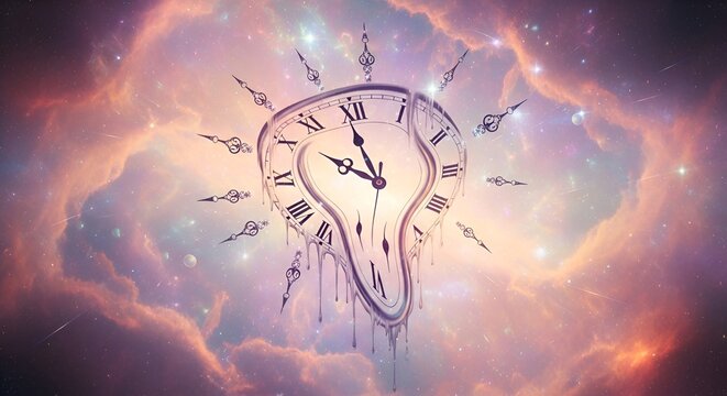 Surreal time perception: melting clock in nebula background with floating hands