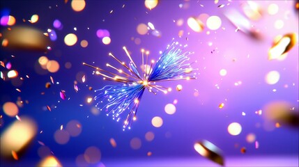 An abstract composition featuring glowing blue light strands radiating outwards, resembling a starburst or butterfly, amidst a backdrop of bokeh lights and conf