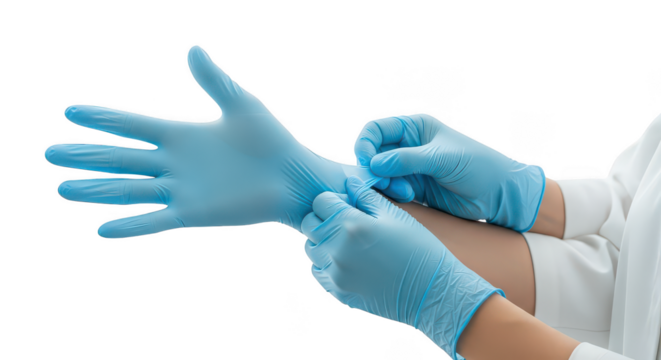 Healthcare Professional Donning Blue Protective Medical Gloves