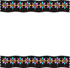 A vibrant traditional border with colorful geometric flower motifs on deep black bands, creating a striking handcrafted frame that highlights the central blank space beautifully.