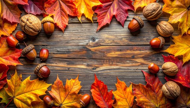 Autumn Leaves, Walnuts, and Acorns Create a Colorful Border on Rustic Wood