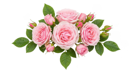 Fresh Pink Roses And Buds Bouquet With Green Leaves On Black