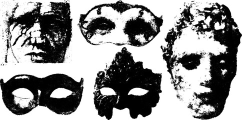 Print engraving of vintage masks and faces. Set of hand-drawn vector illustrations with detailed outlines and artistic elements.