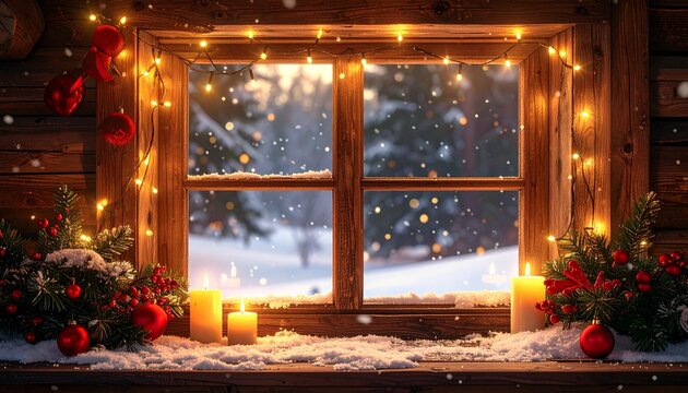 A cozy Christmas window view with snow falling outside, framed by twinkling lights and fir garlands.
