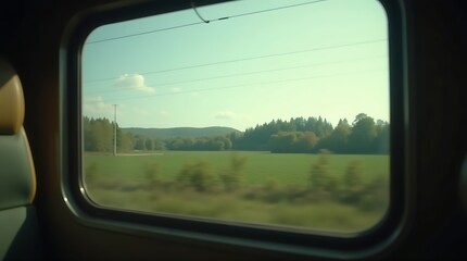 Clean, good quality simulation of analog flaws: Lo-fi "found footage" from a train, with film grain, color fringing, and AI-augmented, hyper-smooth blur in the distant rural landscape.
