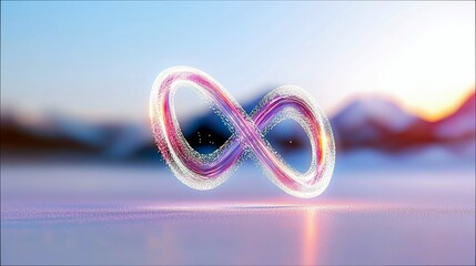 A glowing, abstract infinity symbol made of swirling light trails and sparkles floats in a serene, blurred landscape with mountains and a sunset sky.