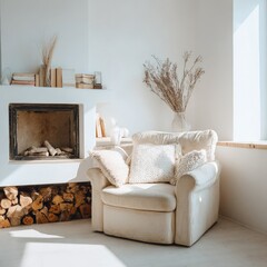 Cream Armchair By Fireplace In Sunlit Living Room