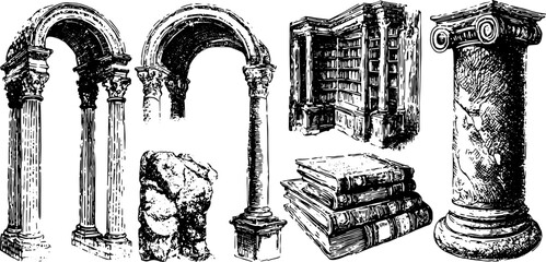 Engraving of classical arches and columns. Vintage hand-drawn library and books vector illustration set.