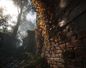 Decaying Brick Wall With Ivy In Sunlit Forest Path