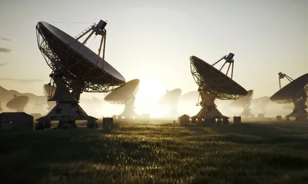 Array of radio telescopes in a field under a bright sky, capturing celestial signals