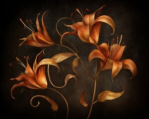 Ornate Dried Orange Lily Arrangement On Dark Background