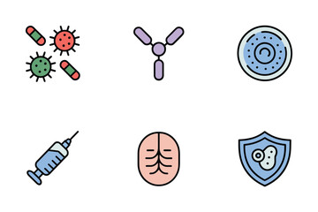 Vaccination and immunity pack, virus particles, antibody Y shapes, syringe injection, protective shield, healthcare research vector.