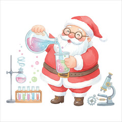 Watercolor Santa Claus scientist working in lab, Christmas vector illustration isolated on white
