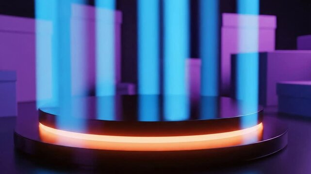 A reflective circular podium with a glowing orange band is illuminated by vertical beams of blue light against a purple geometric background
