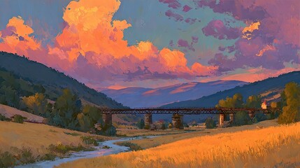 Colorful Sunset Over Valley With Bridge And River
