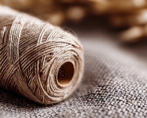 Close Up Of Linen Thread Roll On Linen Fabric