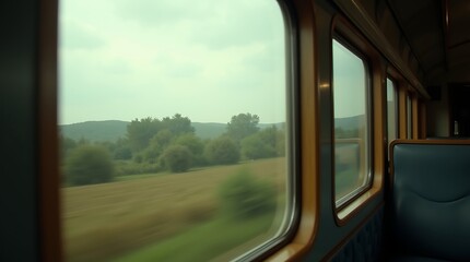 High-quality, simulated lo-fi "found footage" still: Inside a train, looking at a rural landscape with film grain, color fringing, and AI-augmented hyper-perfect, smooth blur in the distance.