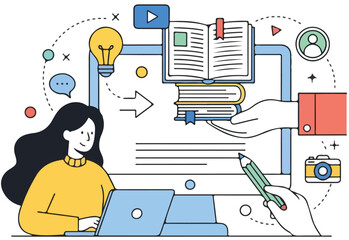 Modern Education and E-Learning Vector Illustration: Creative Back to School Concept with Distance Learning, Online Courses and Digital Education for Web Banners and Marketing Materials