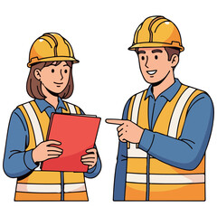 Construction Workers Discussing Plans on Site Wearing Hard Hats and Safety Vests