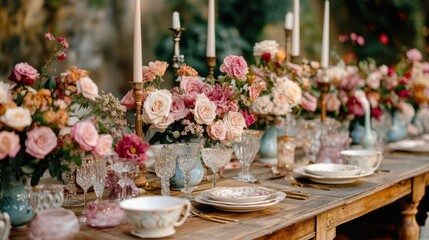 Exquisite floral centerpiece on rustic wooden table for celebration feast
