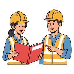 Construction Workers Discussing Plans From Red Book Manual on Site
