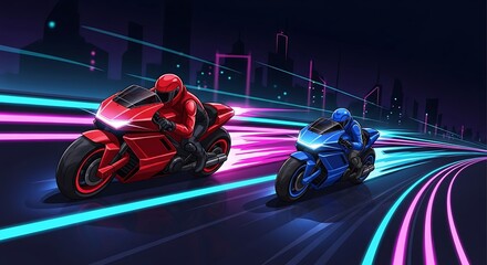 Obraz premium Futuristic Motorcycle Race on Neon Lit Highway at Night.