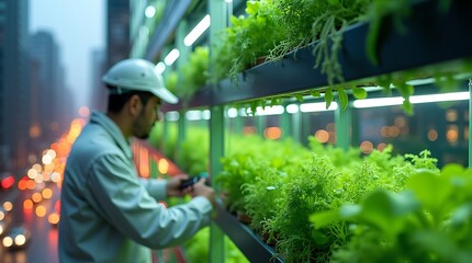 Highly detailed, photorealistic image: AI-managed vertical farm within a city high-rise, with a modern farmer tending leafy greens and glowing mycelial threads purifying water beneath.