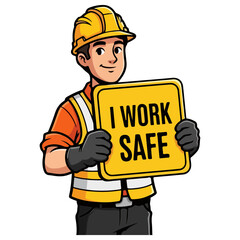 Construction Worker Holding I Work Safe Sign, Safety Awareness, Construction Site
