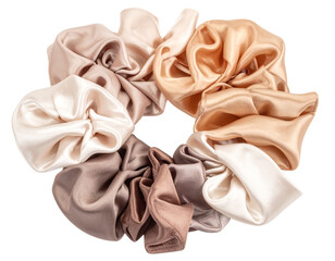 Set of Neutral-Tone Silk Scrunchies, isolated on transparent background